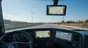 Semi truck dashboard with GPS navigation map and dashcam showing road ahead