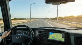Driver view out front windshield of semi truck with GPS tracking screen on dashboard