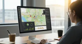 Real-time GPS tracking dashboard on computer screen showing live vehicle locations, fleet status, and monitoring interface