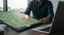 Geofencing map interface showing polygon boundary zone with GPS location icon