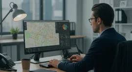 Office dispatcher looking at computer screen with GPS history line on map