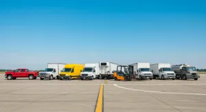 Different types of fleet vehicles lined up on airport tarmac including delivery trucks, vans, and commercial vehicles