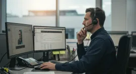 Transportation dispatcher with headphone headset talking to a driver and monitoring him on computer screen