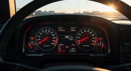 Speedometer of semi truck dashboard showing speeding and glowing red