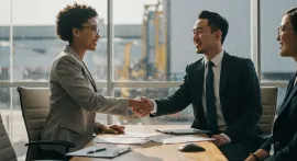 Terminal manager of transportation company shaking hands with a happy customer