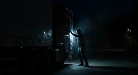 Suspicious looking thief trying to break into a semi truck at night