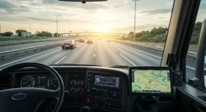 Interior view from inside a semi truck cab looking out the windshield during traffic with GPS tracking device on the dashboard